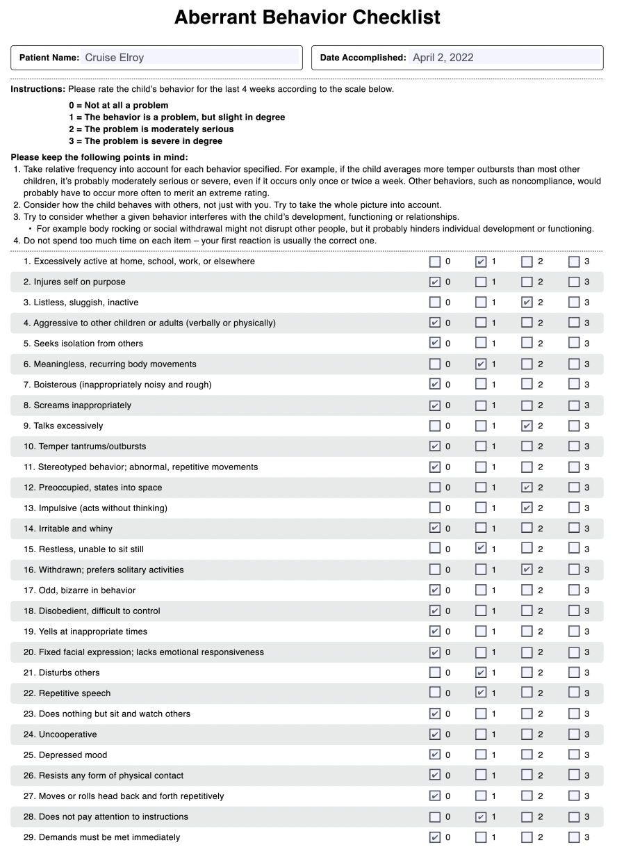 Aberrant Behavior Checklist Example